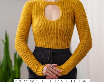 Crochet Pattern | Long Sleeve Chest Cut Out Sweater | Crewneck Top | PDF Download