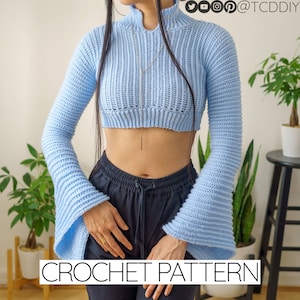 Crochet Pattern | Cropped Mock Neck Bell Sleeve Top | Turtleneck | PDF Download