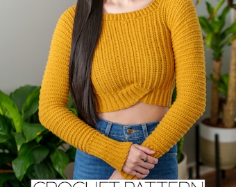 Häkelanleitung Nr. 226 | Langärmliges Crop-Top mit Rundhalsausschnitt und Wickelsaum | Pullover | PDF-Download
