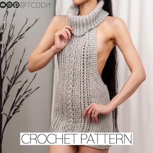 May include: A crochet pattern for a gray sleeveless turtleneck sweater with a high neckline and an open back.