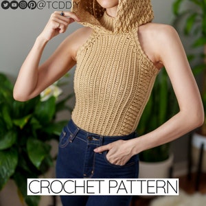 Crochet Pattern | Turtleneck Sweater Vest Hoodie W. Alpine Stitch Detail | Sleeveless Mock Neck Top W. Hood | PDF Download