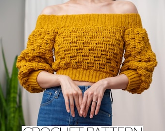 Crochet Cropped Basketweave Jumper Pattern: Off-the-Shoulder Sweater (PDF Download)