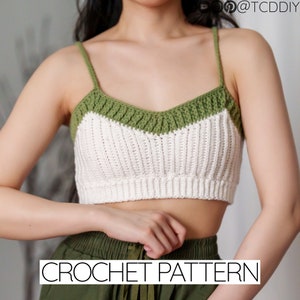 May include: A handmade crochet top in white and green, with a V-neck and thin straps. The text "CROCHET PATTERN" is displayed at the bottom of the image. The top is a stylish example of handmade clothing.