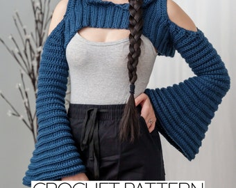 Crochet Pattern | Hooded Cold Shoulder Bell Sleeve Shrug Pattern | Cold Shoulder Bell Sleeve Shrug Hoodie Pattern | PDF Download