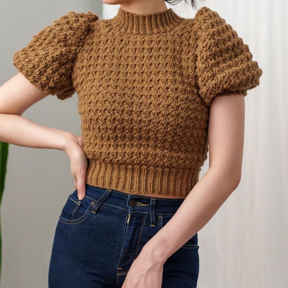 Crochet Pattern | Cropped Mock Neck Puff Sleeve Sweater
