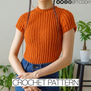 Crochet Pattern | Short Sleeve Mock Neck T-Shirt Top | Ribbed Turtleneck | PDF Download