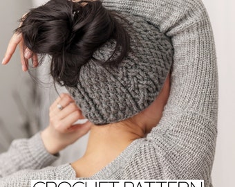 Crochet Pattern | Cable Stitch Messy Bun Beanie W. Alpine Detail | Hat | Skully | PDF Download