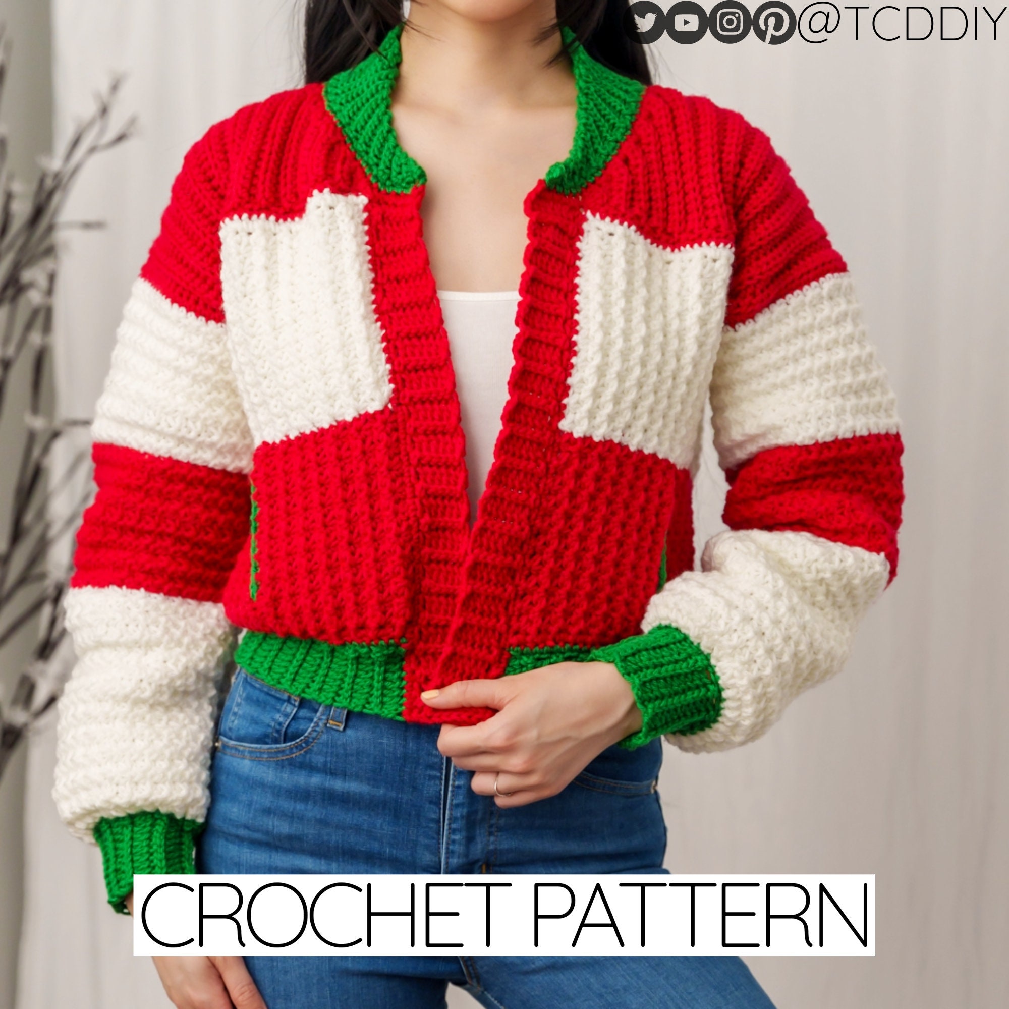 39 Crochet Jacket Patterns with Cardigans, Vests, and Hooded Styles 4 Crochet Pattern Christmas Bomber Jacket w. Pockets