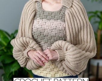 Crochet Pattern | Collared Balloon Sleeve Sweater W. Basketweave Stitch Detail | PDF Download