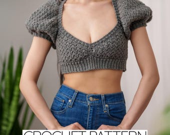 Patrón de crochet / Top corto con cuello en V y mangas abullonadas / Punto Suzette / Descarga PDF