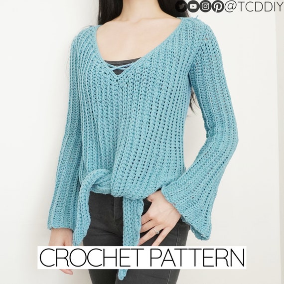 Crochet Pattern Front Tie V-Neck Bell Sleeve Sweater Top PDF Download