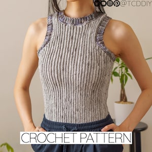 TCDDIY crochet pattern for an Easy Crochet Tank Top featuring all-slip stitches for a stretchy knit-like design. Crafted using Red Heart Super Saver yarn in Soapstone and Dove.