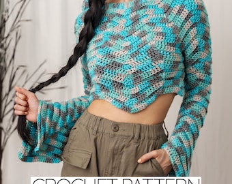Crochet Pattern | Hooded Bell Sleeve Cropped Sweater Pattern | Long Sleeve Cropped Sweater Pattern | PDF Download
