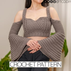 Crochet Pattern | Cable Stitch Cold Shoulder Cropped Bell Sleeve Top W. Alpine Detail | PDF Download