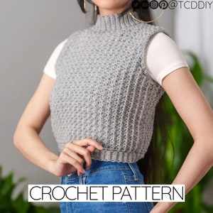 Crochet Pattern | Cropped Mock Neck Sweater Vest | Trinity Stitch Sleeveless Turtleneck Crop Top | PDF Download