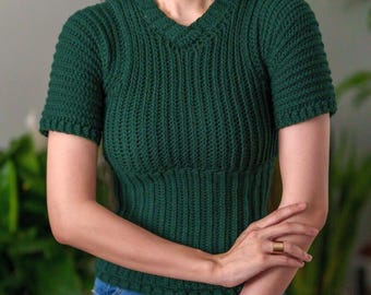 Crochet Pattern | Ribbed Short Sleeve V-neck T-shirt Top | PDF