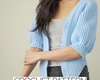 Crochet Pattern #053 | Easy Spring Cardigan | Pointed Hem Ribbed Short Sleeve Sweater Jacket | PDF Download