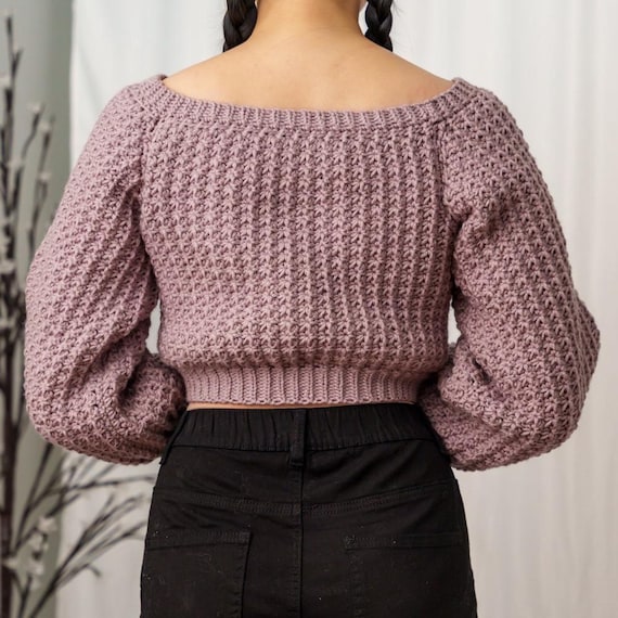 Crochet Pattern #444 | Boat Neck Balloon Sleeve Crop Top Sweater