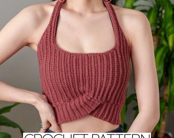 Crochet Pattern | Modern Cropped Halter Top | Backless Ribbed Crop Top | PDF Download