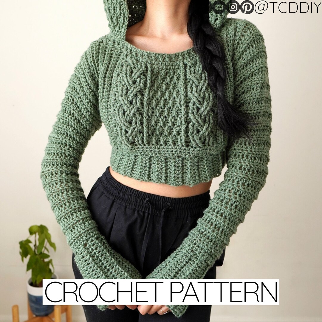 Crochet Pattern | Long Sleeve Cropped Cable Stitch Hoodie W Crochet Pattern | Long Sleeve Cropped Cable Stitch Hoodie W