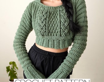 Crochet Pattern | Cable Stitch Cropped Hoodie W. Long Sleeves & Alpine Detail | Hooded Jumper Sweater | PDF Download