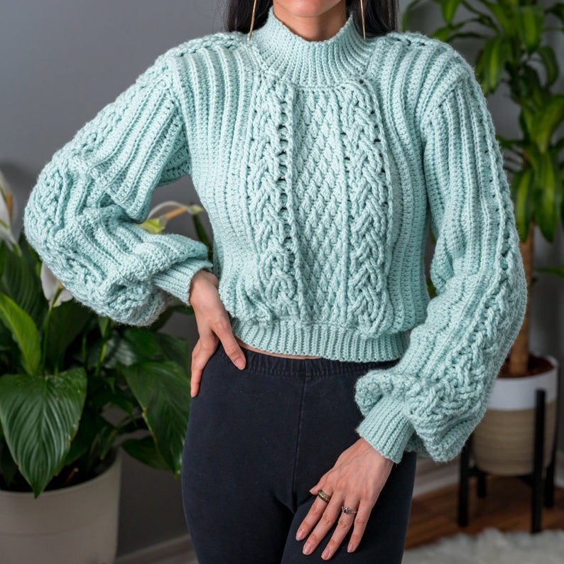 TCDDIY crochet pattern for a cropped cable stitch sweater with a mock neck and alpine stitch detailing, crafted using Caron One Pound yarn in Pale Green.