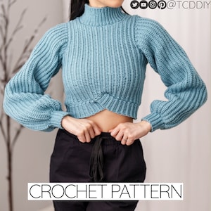 Crochet Pattern | Balloon Sleeve Mock Neck Cropped Sweater | Ribbed Turtleneck Jumper Crop Top | PDF Download