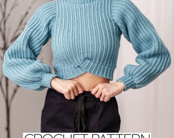 Crochet Pattern | Cropped Mock Neck Sweater Pattern | Cropped Balloon Sleeve Sweater Pattern | PDF Download