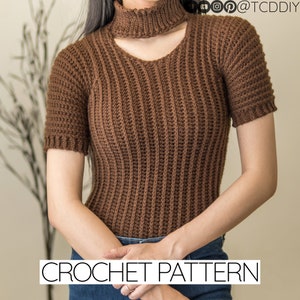 Crochet Pattern | Mock Neck Cut Out T-Shirt | Turtleneck Short Sleeve Top | PDF Download