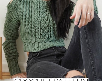 Crochet Pattern | Cold Shoulder Cropped Cable Stitch Sweater | Jumper | PDF Download