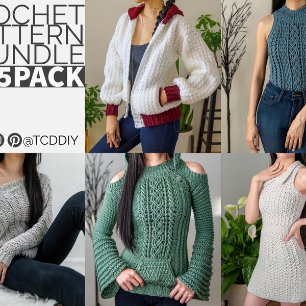 Lot de motifs au crochet | Gilet sans manches à torsades | Sweat à capuche aviateur | Cloche à torsades | Robe crochetée | Pull surdimensionné | Téléchargement PDF