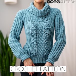 Patrón de crochet / Suéter de cuello alto con punto trenzado acanalado y detalle alpino / Descarga PDF
