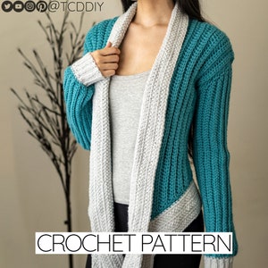 May include: A crochet cardigan pattern featuring a teal and gray color combination. The cardigan has a long, open front and a unique diagonal design.