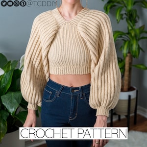 Häkelanleitung | Cropped Ballon Ärmel Pullover | Gerippter Crop Top Pullover | PDF-Download