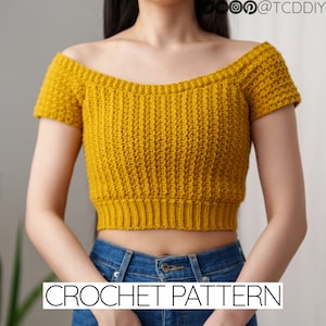 Patrón de crochet / Camiseta corta con cuello barco / Top de manga corta con hombros descubiertos / Descarga en PDF
