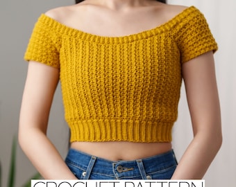 Patrón de crochet / Camiseta corta con cuello barco / Top de manga corta con hombros descubiertos / Descarga en PDF