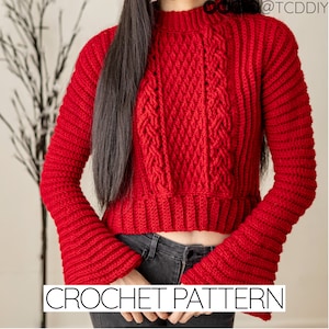 Crochet Pattern | Cropped Mock Neck Bell Sleeve Sweater W. Cable & Alpine Stitch Details | Turtleneck Jumper | PDF Download