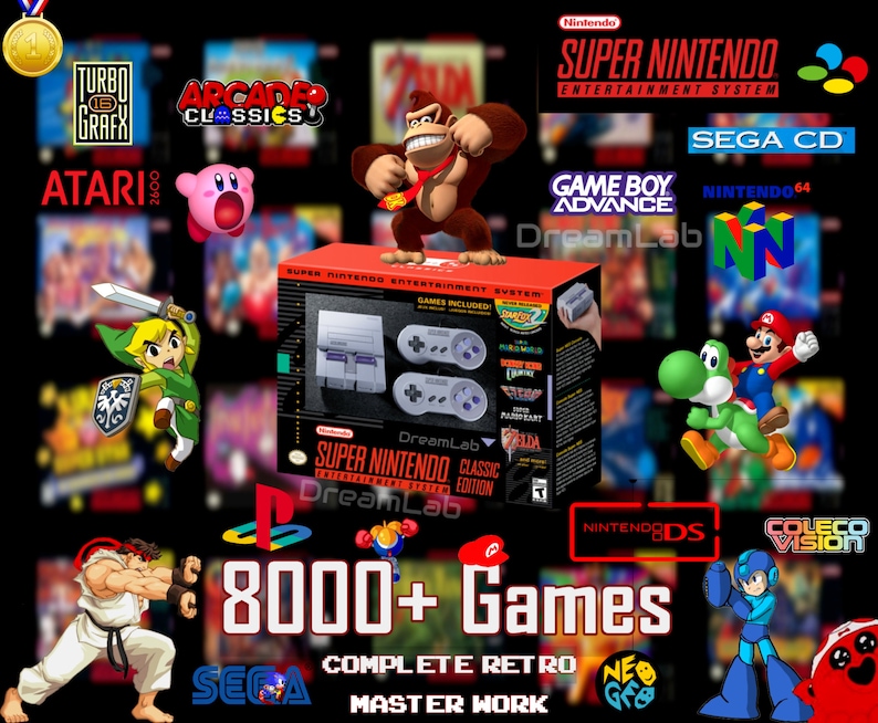 Super Nintendo SNES Classic Retro Gaming Console 8000 Games - 25+ Consoles - Playstation, N64, Mario, Zelda, Crash Bandicoot, Atari, Arcade
