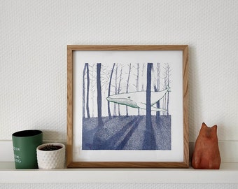 Print - risography - SWIMMING FOREST - whale - forest - nature - poetic - illustration - blue - green - decoration