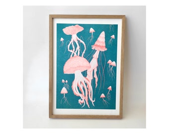 Jellyfish - mushrooms - chimera - fluorescent - fluorescent orange - blue - poetic - nature - decoration - illustration - naturalist