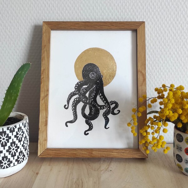 Linogravure poulpe noir et or - décoration - art - pieuvre