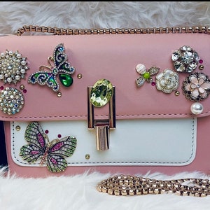 Handbags Crossbody Shoulder Clutch Embellished Bedazzled Metallic Sparkle Rhinestone Crystal Pearl Bling Unique One-of-a-Kind Elegant Jewels