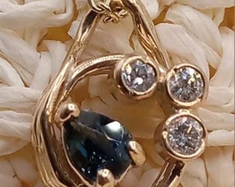 Handmade 14K Yellow Gold Diamond & Sapphire Pendant Necklace
