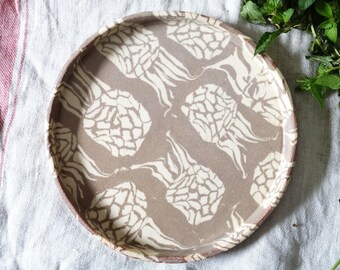 No.y3 Nerikomi Pottery, Handmade Round Plate, Oven Proof, Onen Dish, Heat resistant, Tropical Fruits