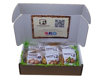 6 pack of creamy pralines in a Sugar Land Pecans Box. Individually wrapped packs with 2 pieces in each pack. A great taste of South La.