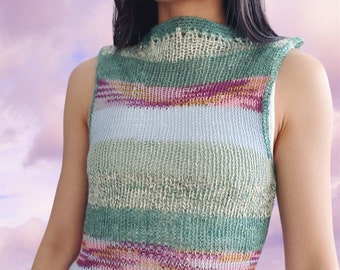 Hand Knit Alpaca Wool Merino Mohair Sheer Vest Mock Neck, Space Dye Color Striped Sweater Vest, Sustainable Slow Fashion Made In Canada (S)