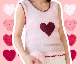 Débardeur en mohair tricoté à la main avec empiècement en forme de cœur Pull sans manches à superpositions à rayures Haut en maille transparente durable Fabriqué au Canada (M)