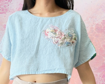 Upcycled Patchwork Crop Top, Heart Patch Eco Fashion, Color Blocked Bohemian Chic Top (M) Sustainable Zero Waste Fashion Eco Clothing Gift