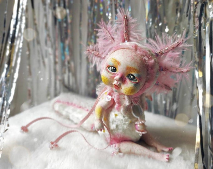 White Axolotl Plush Toy. OOAK Art Toy Axolotl. Unique Creepy Art Toy