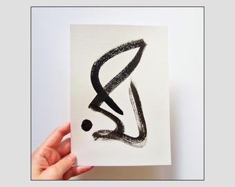 Modern Black And White Miniature Abstract Painting, Original Art, Mini Artwork, Ink on Paper